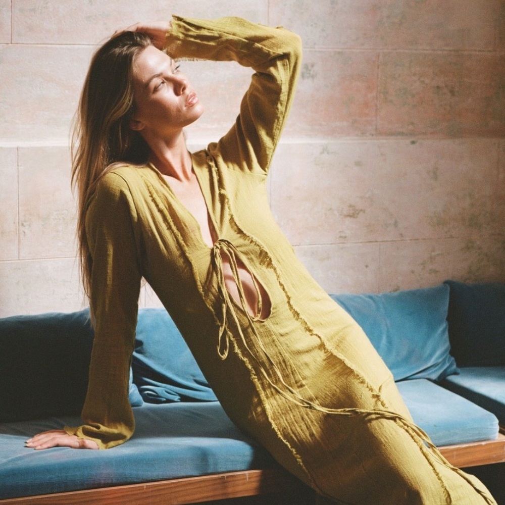 Studio Tia Haven Boho Tie Front Lightweight Maxi Dress Mustard Olive Oil Small